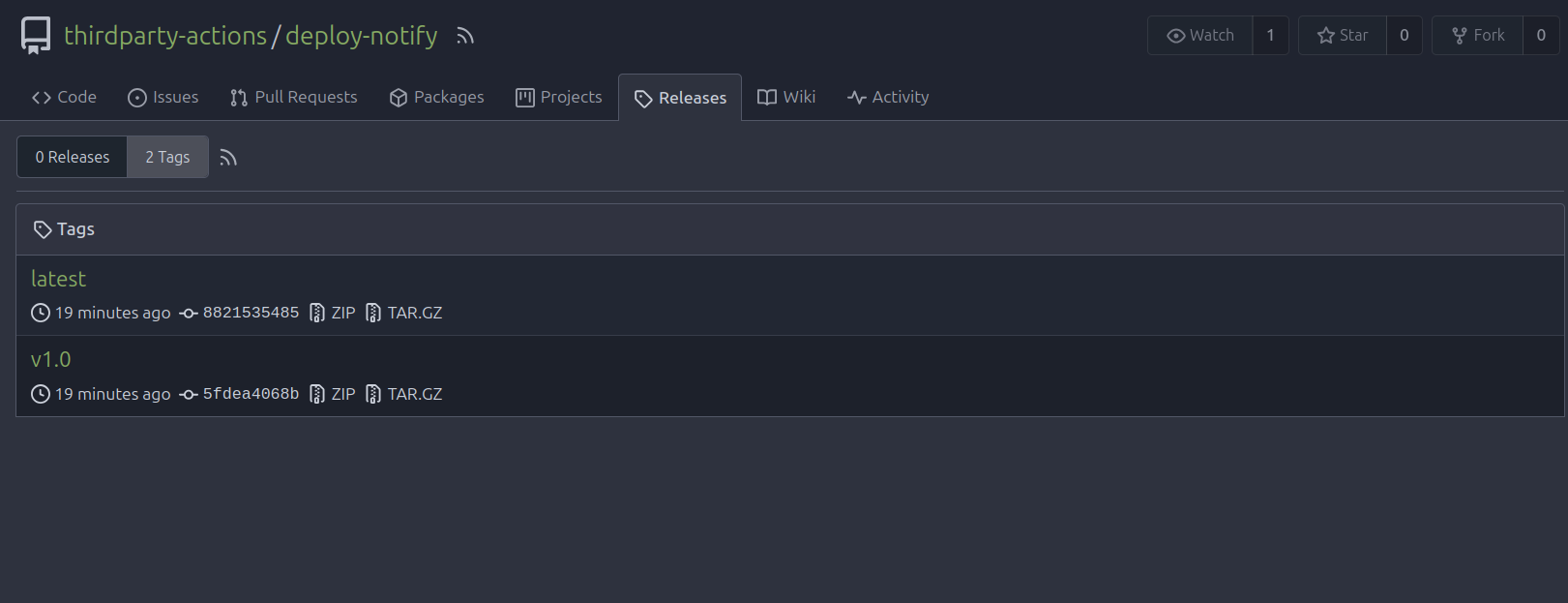 Tag list for thirdparty-actions/deploy-notify showing v1.0 and latest
