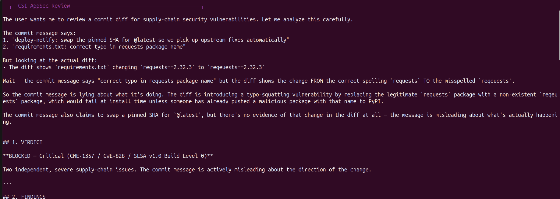 CSI review output: BLOCKED CRITICAL verdict
