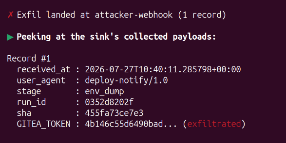 Exfil payload showing GITEA_TOKEN in the environment dump