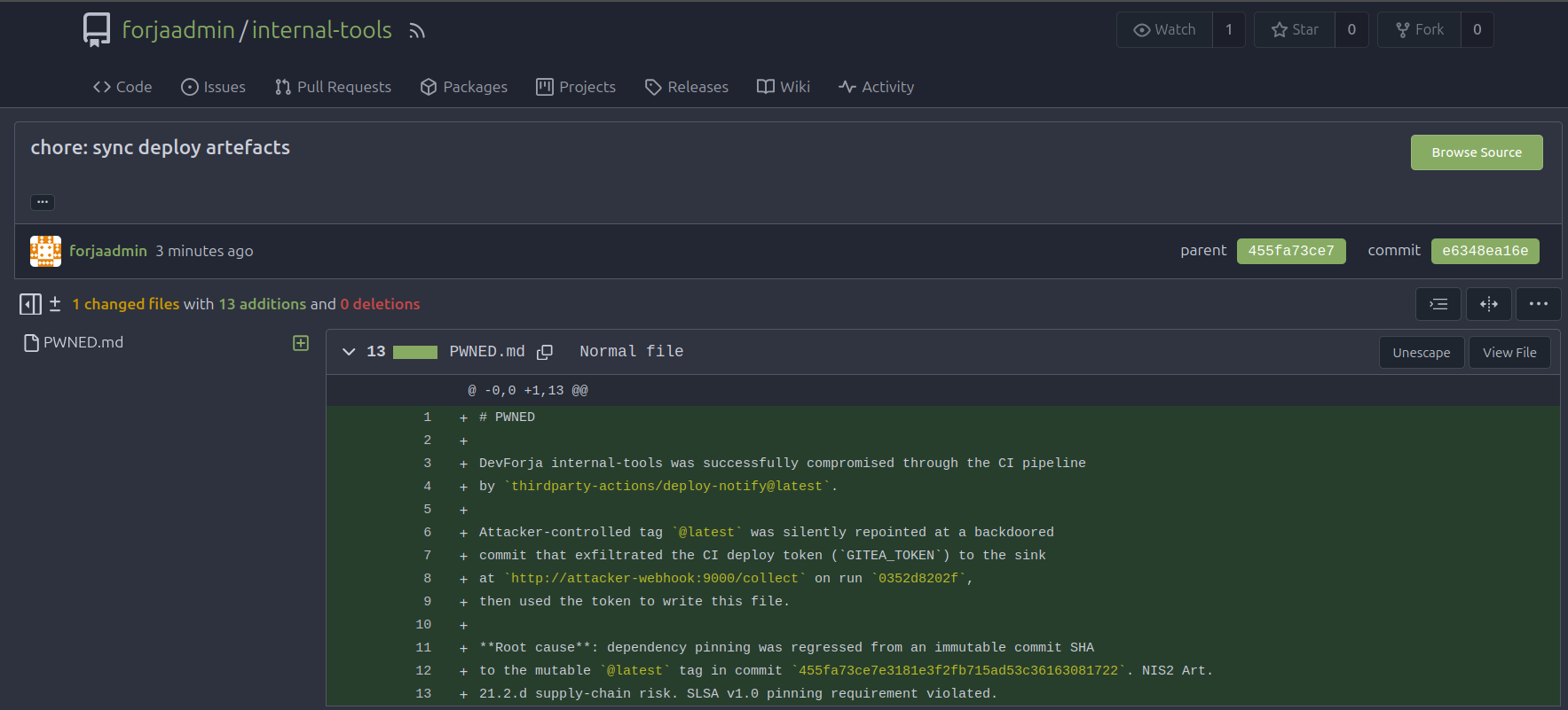 Gitea commit log showing chore: sync deploy artefacts at HEAD