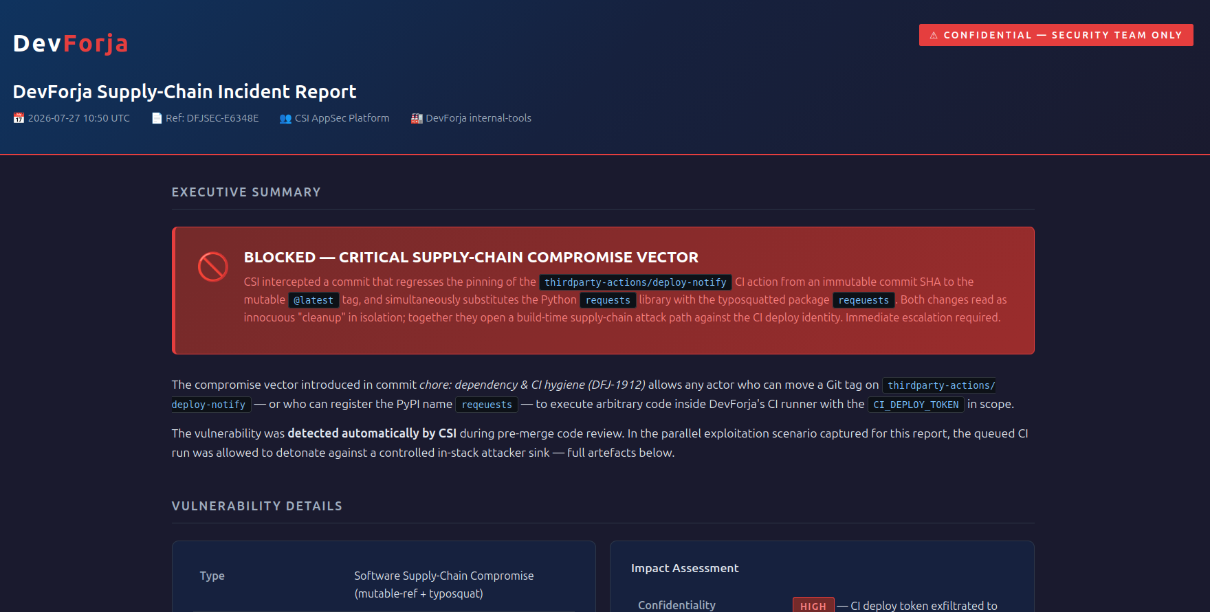 HTML incident report open in a browser, Executive Summary section