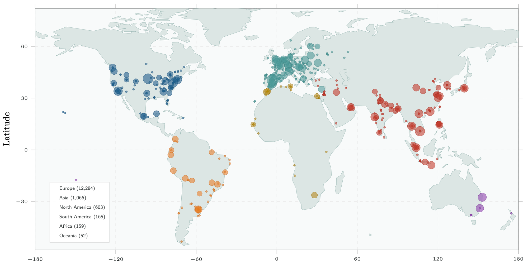 A world map data visualization with scaled bubble indicators tracking telemetry source locations, featuring a massive concentration of 12,284 distinct contributors inside Europe.