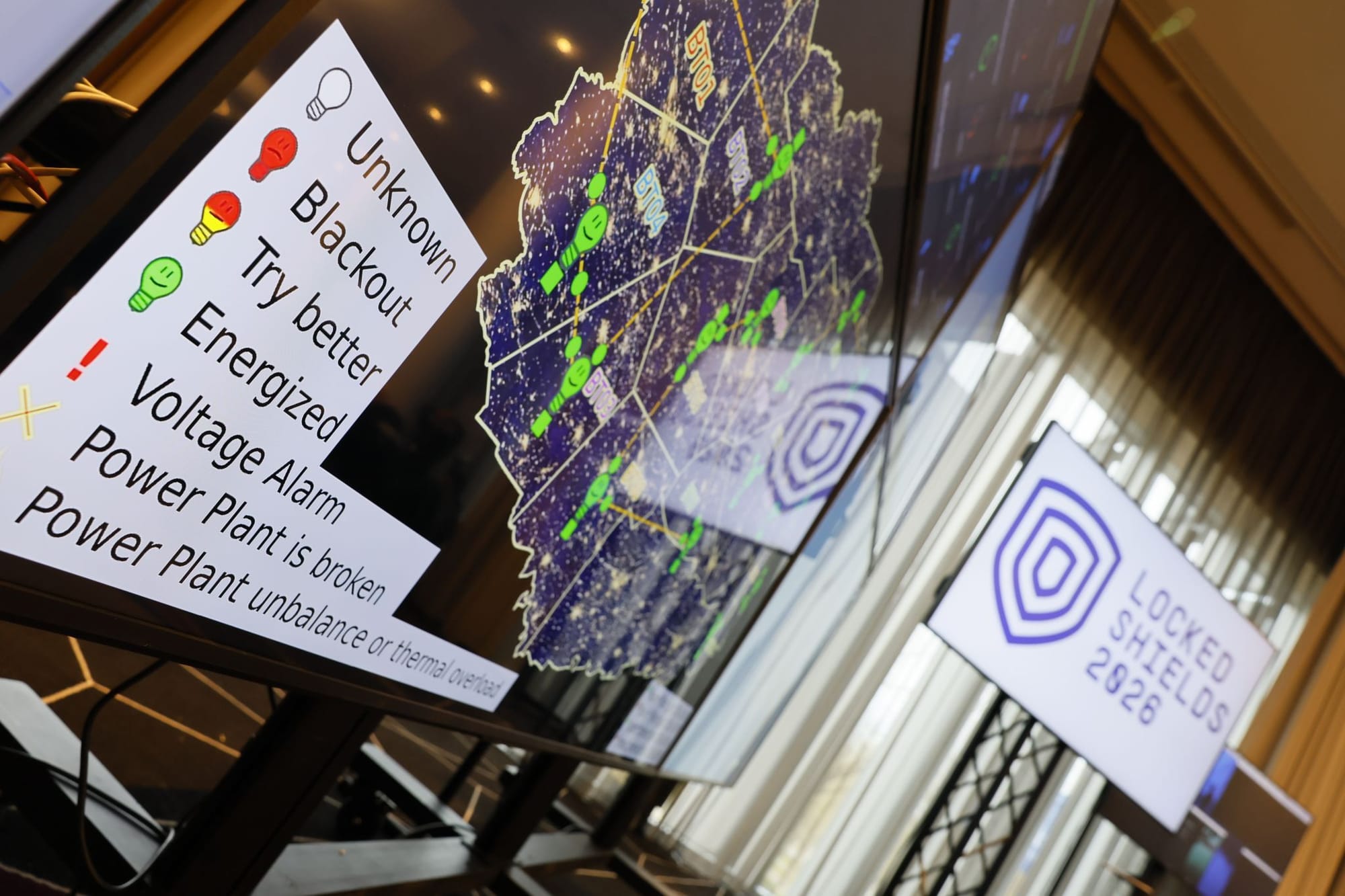 Command center screens at Locked Shields 2026 showing cyber attack status on critical infrastructure and power plants.